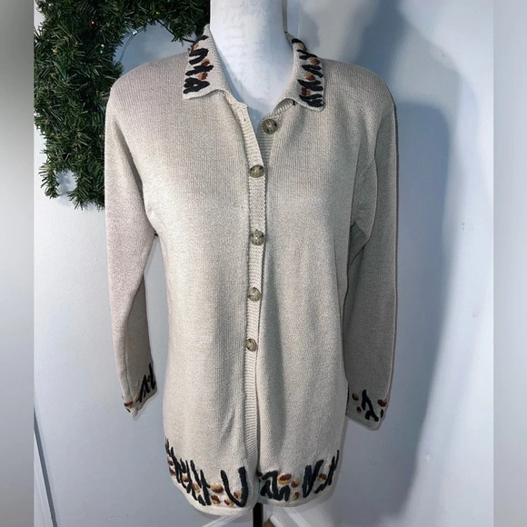 Db Line, M, rami blend, long sleeve, button, front cardigan w/embroidered collar - Picture 1 of 8
